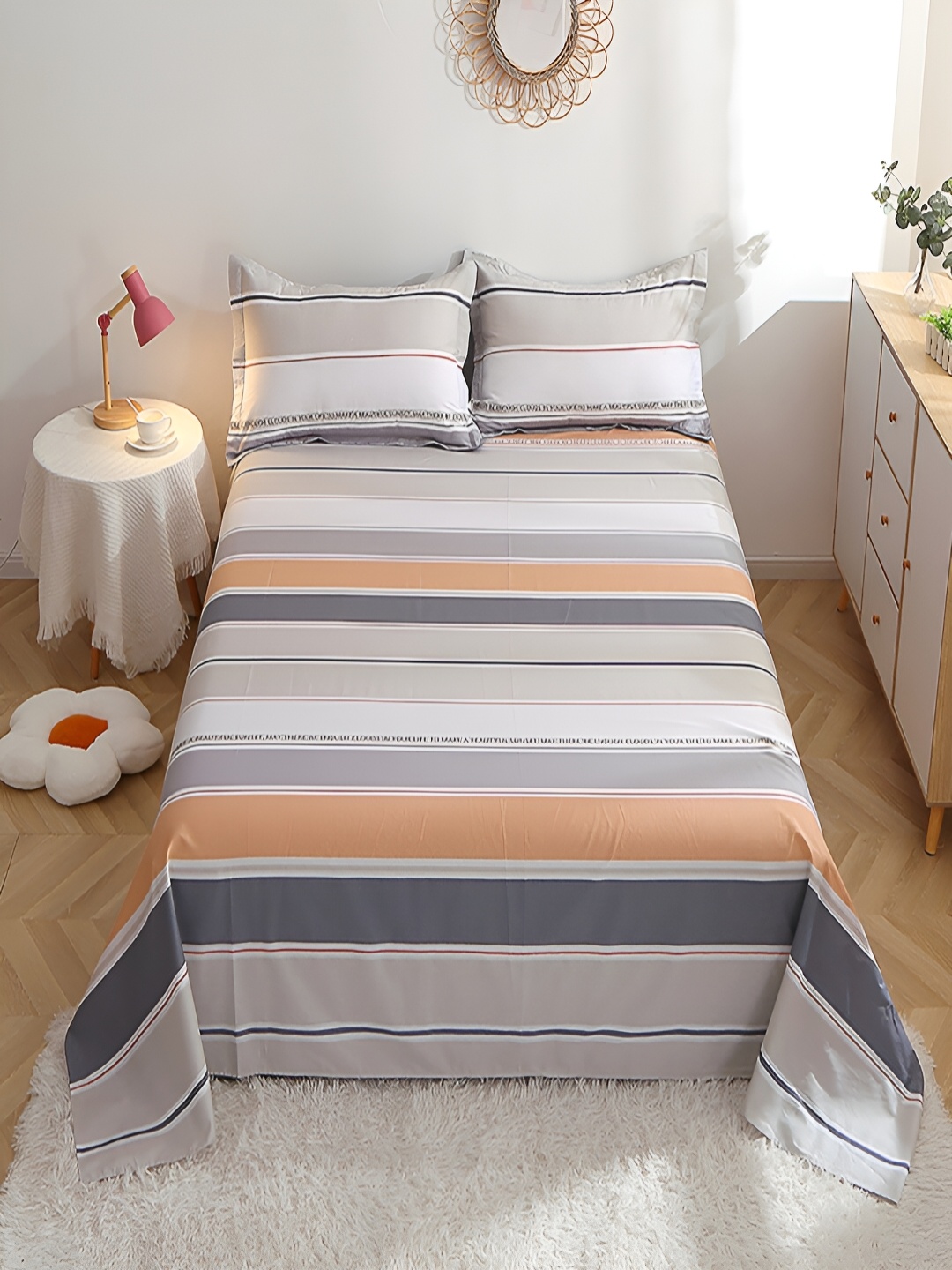 

JC HOME Grey & Blue Striped 210 TC Queen Bedsheet with 2 Pillow Covers