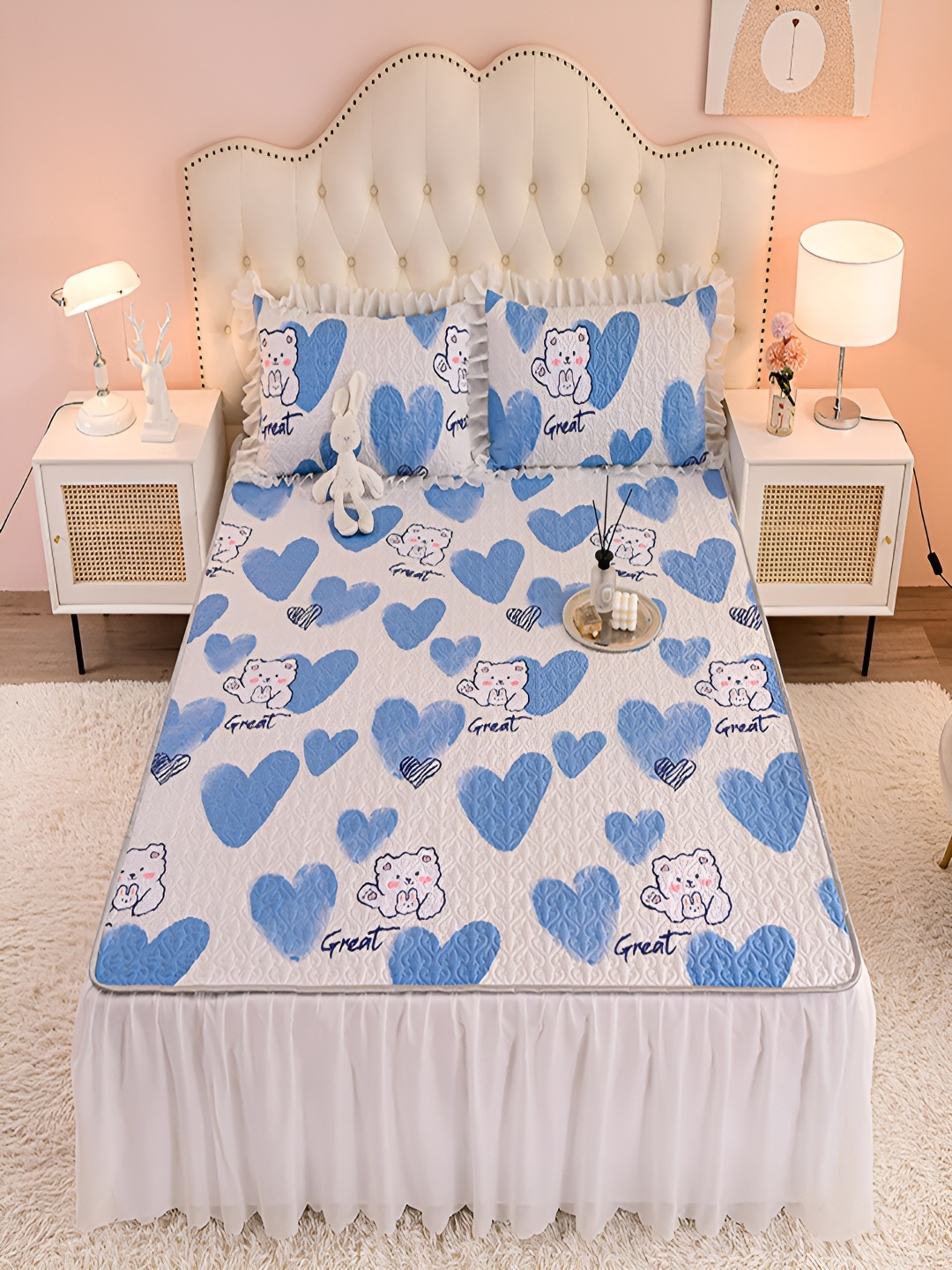 

JC HOME White & Blue Geometric 160 TC King Fitted Bedsheet with 2 Pillow Covers