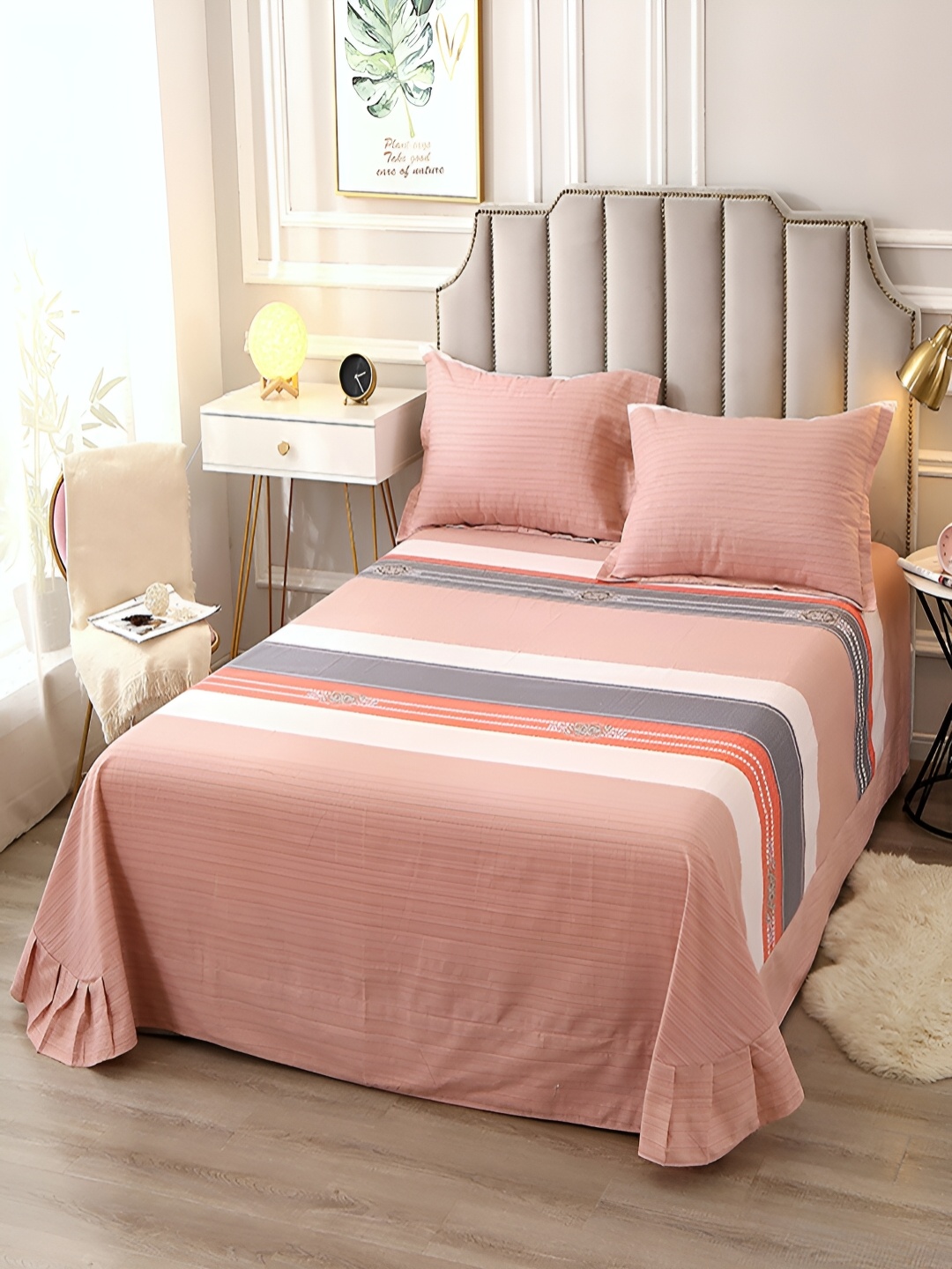 

JC HOME Pink & White Striped Cotton King Bedsheet with 2 Pillow Covers