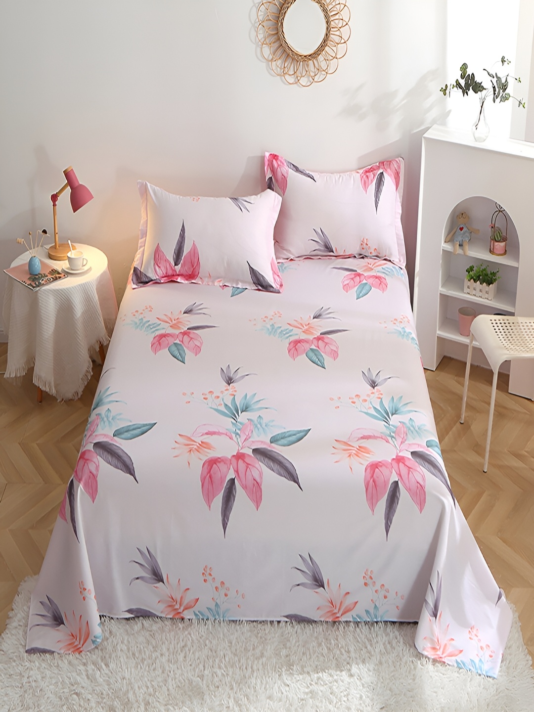 

JC HOME White & Pink Floral 210 TC Cotton Single Bedsheet with 1 Pillow Covers