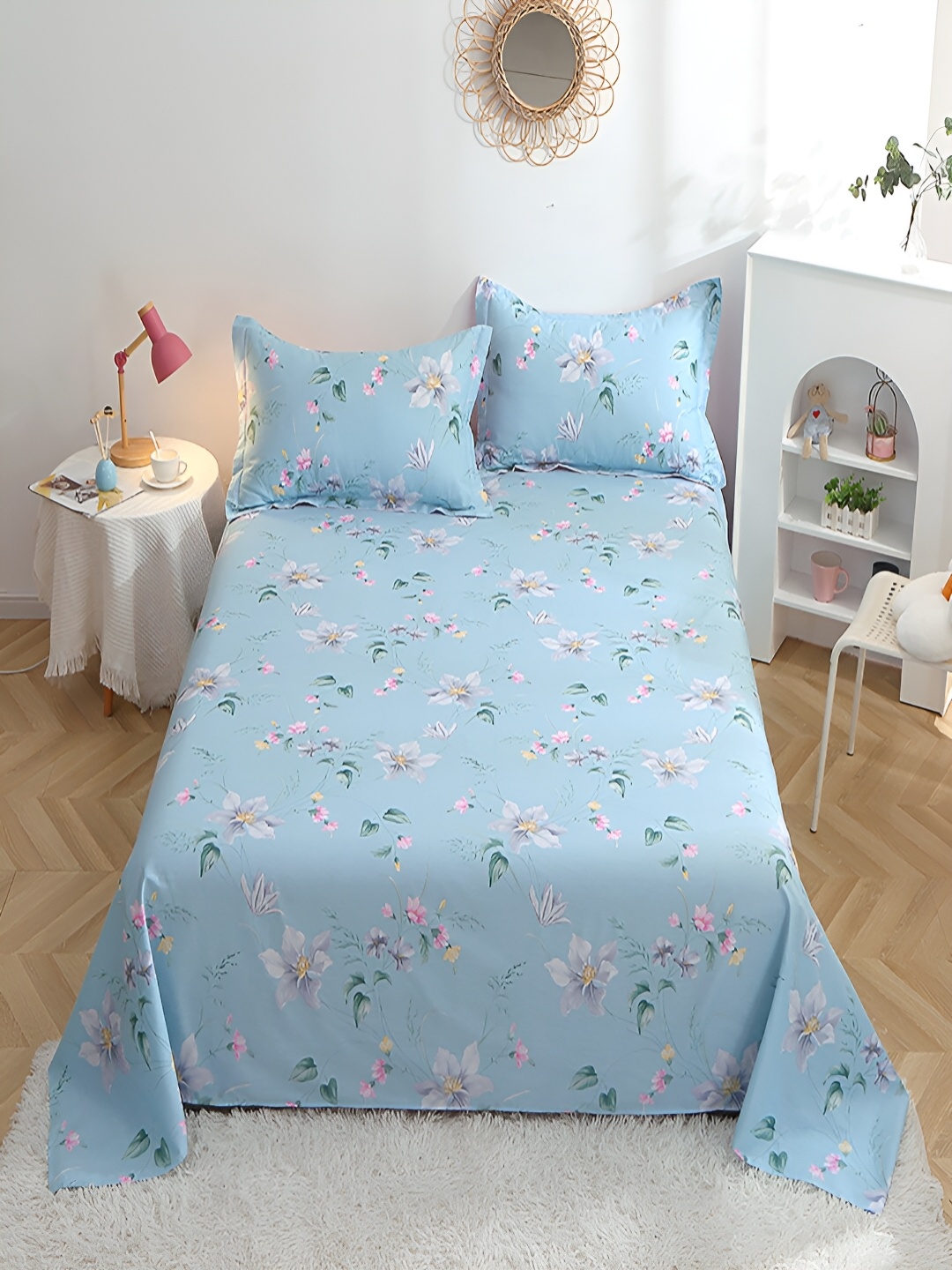 

JC HOME Blue & Green Floral 210 TC Cotton King Bedsheet with 2 Pillow Covers