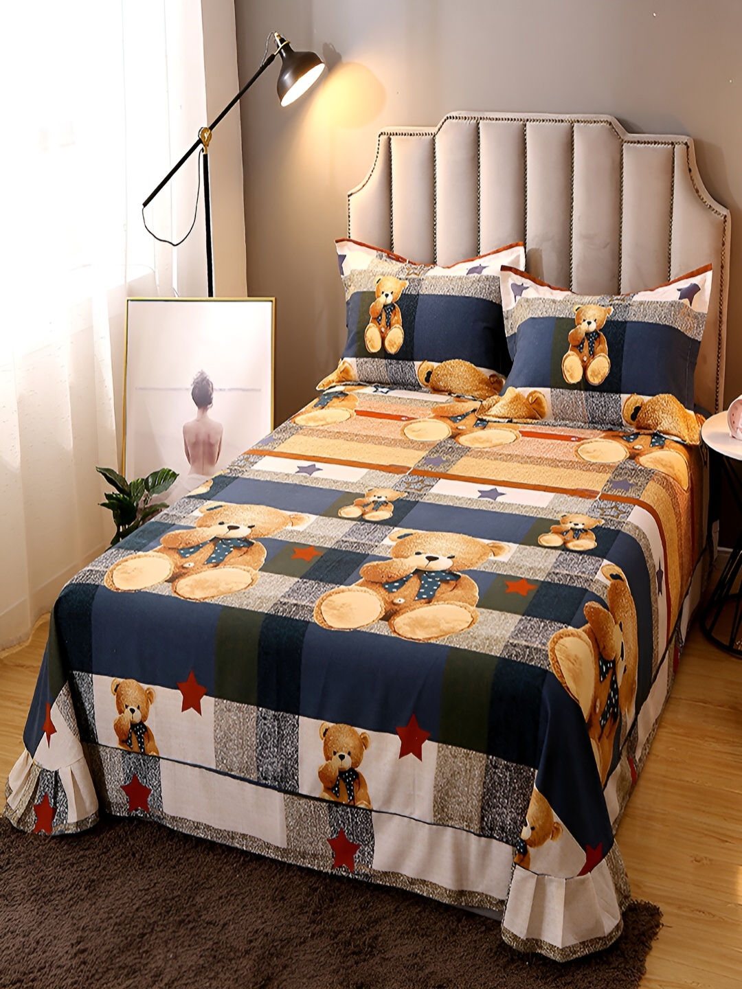 

JC HOME Navy Blue & Brown Cartoon 230 TC Cotton King Bedsheet with 2 Pillow Covers