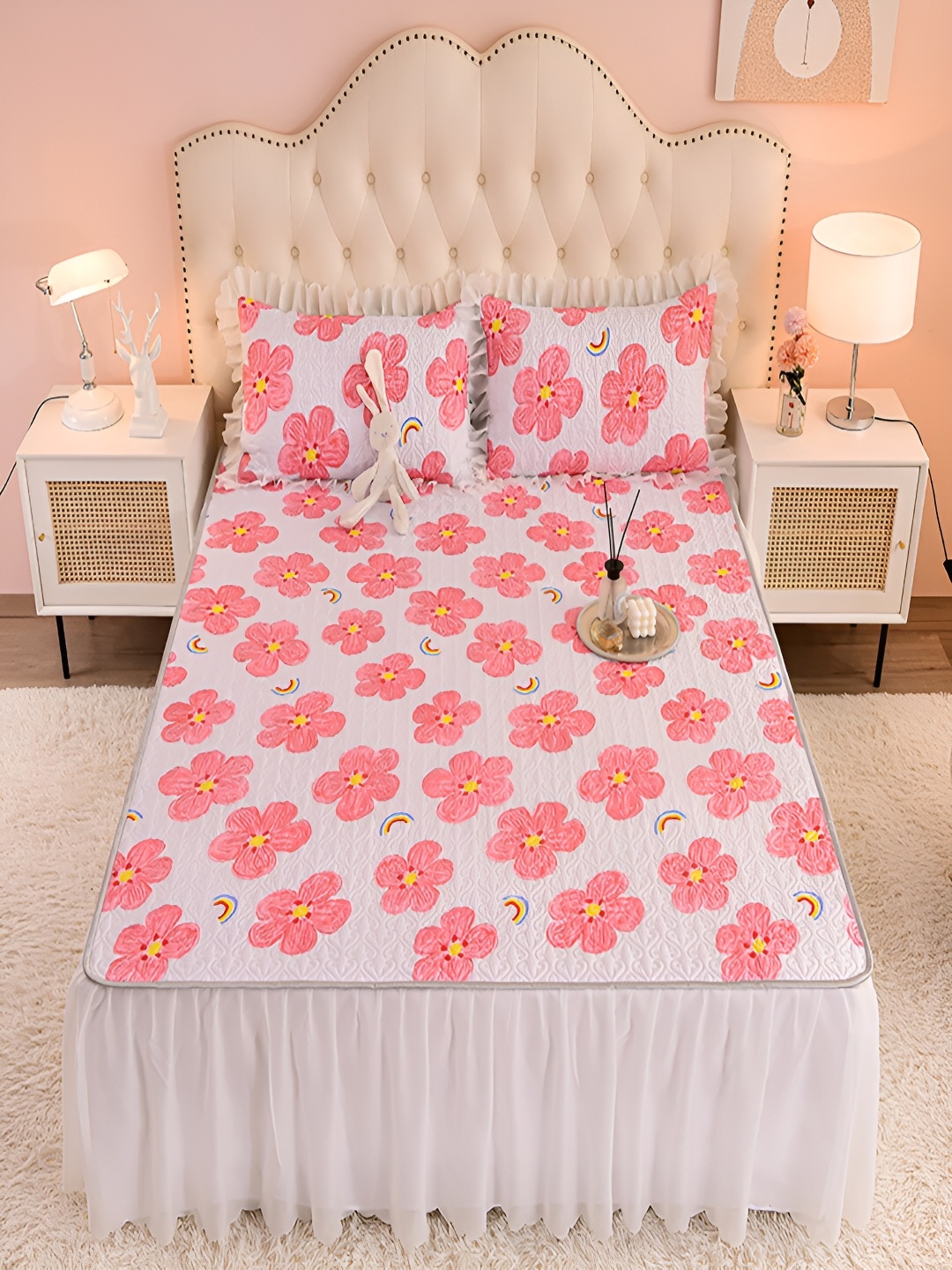 

JC HOME White & Pink Floral 160 TC Fitted King Bedsheet with 2 Pillow Covers