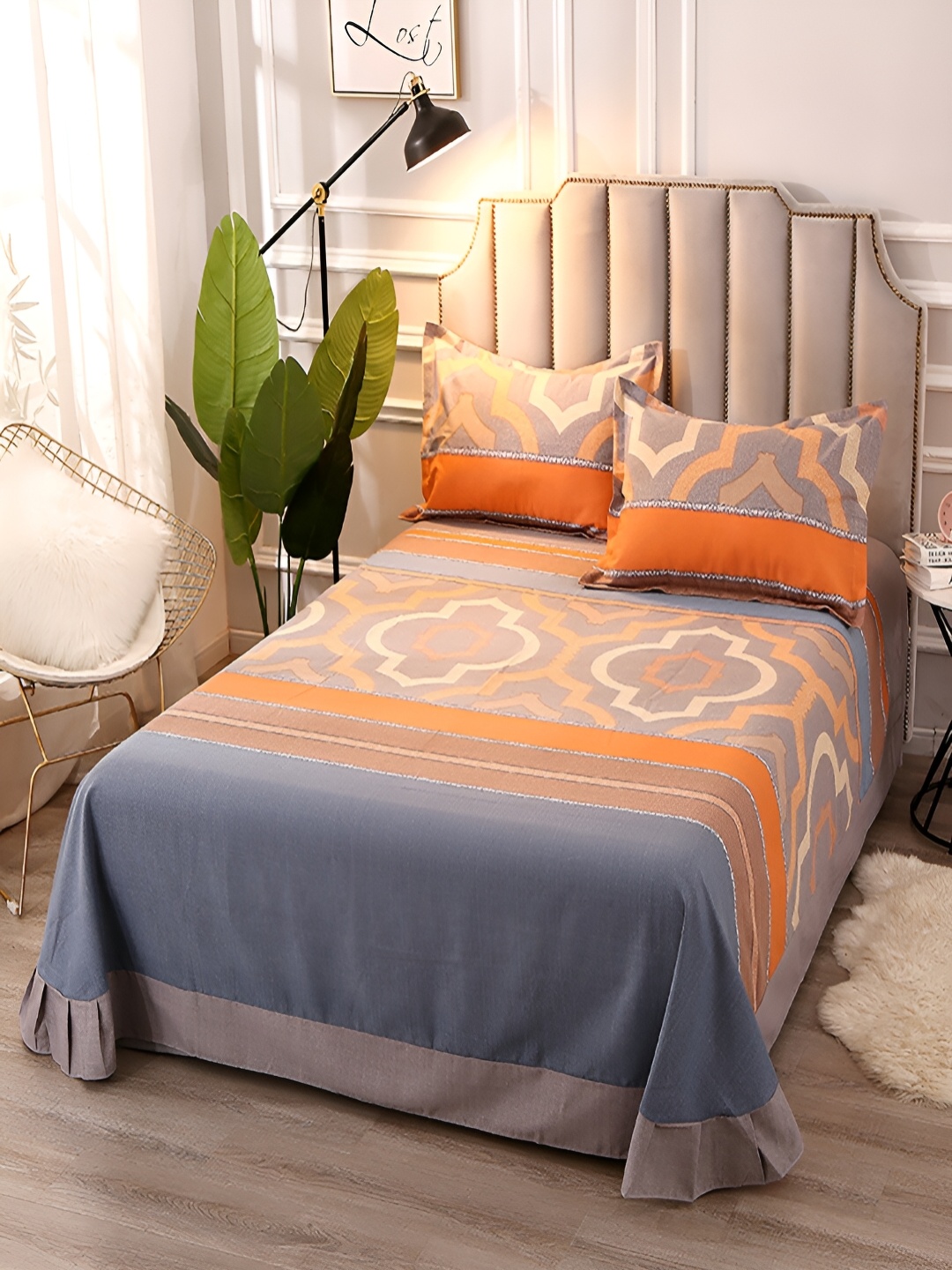 

JC HOME Orange & Grey Printed Cotton 230 TC King Bedsheet wWith 2 Pillow Covers