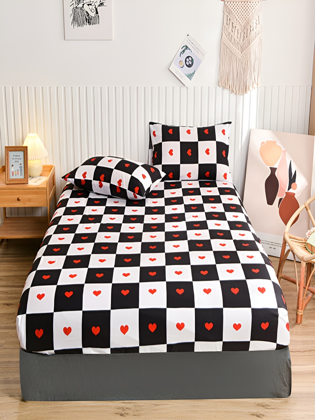 

JC HOME White & Black Geometric 140 TC Fitted Single Bedsheet with 1 Pillow Cover