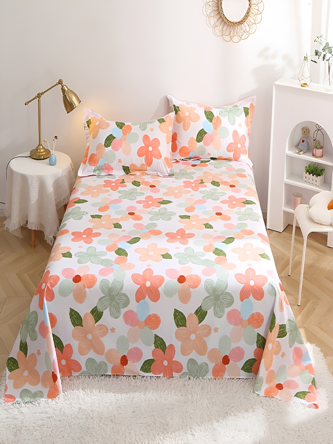 

JC HOME White & Green Floral Cotton 210 TC King Bedsheet with 2 Pillow Covers