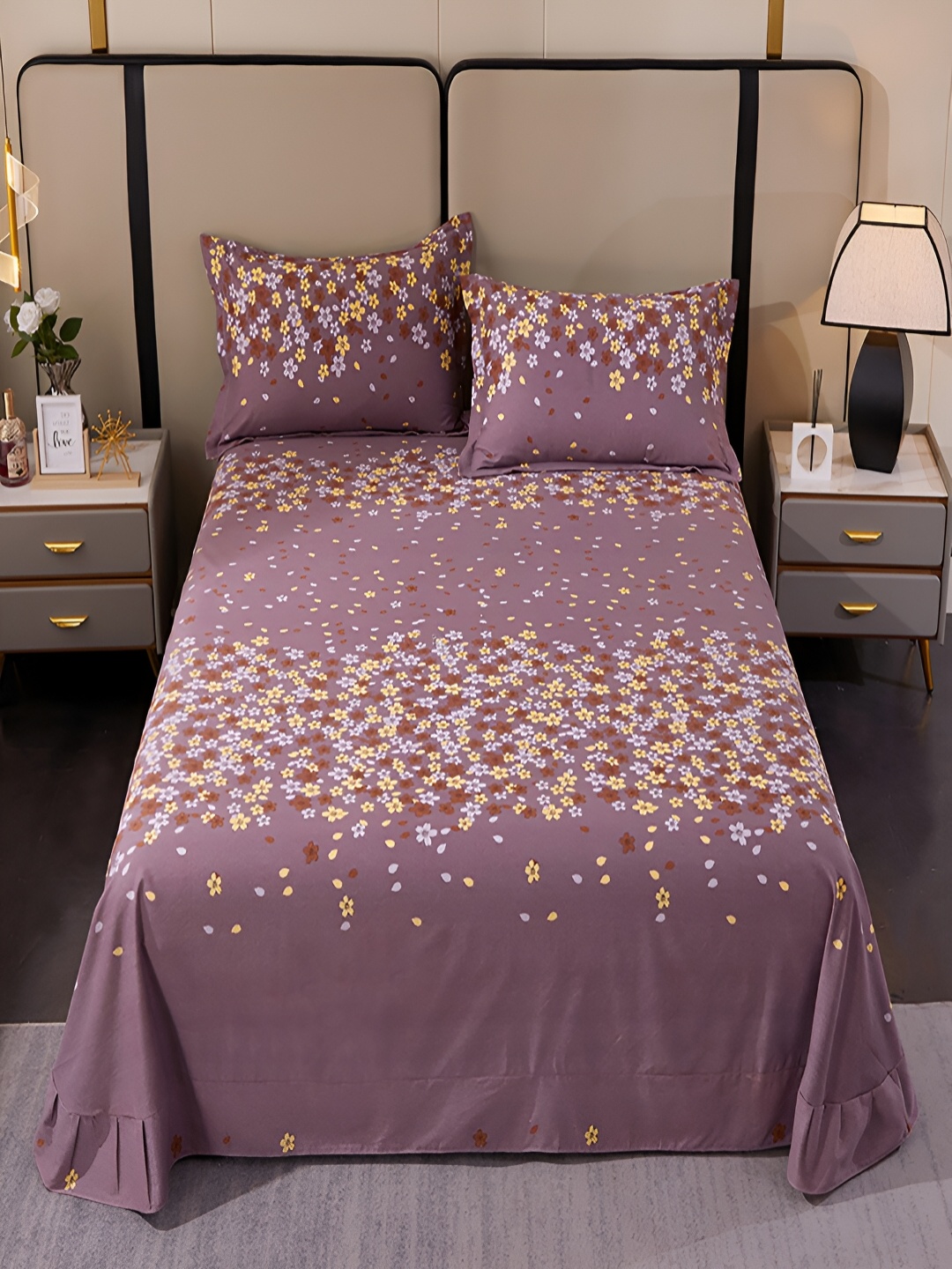 

JC HOME Purple & Yellow Floral 220 TC King Bedsheet with 2 Pillow Covers