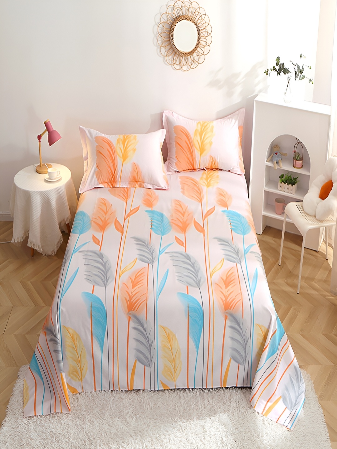 

JC HOME White & Orange Floral Cotton 210 TC King Bedsheet with 2 Pillow Covers