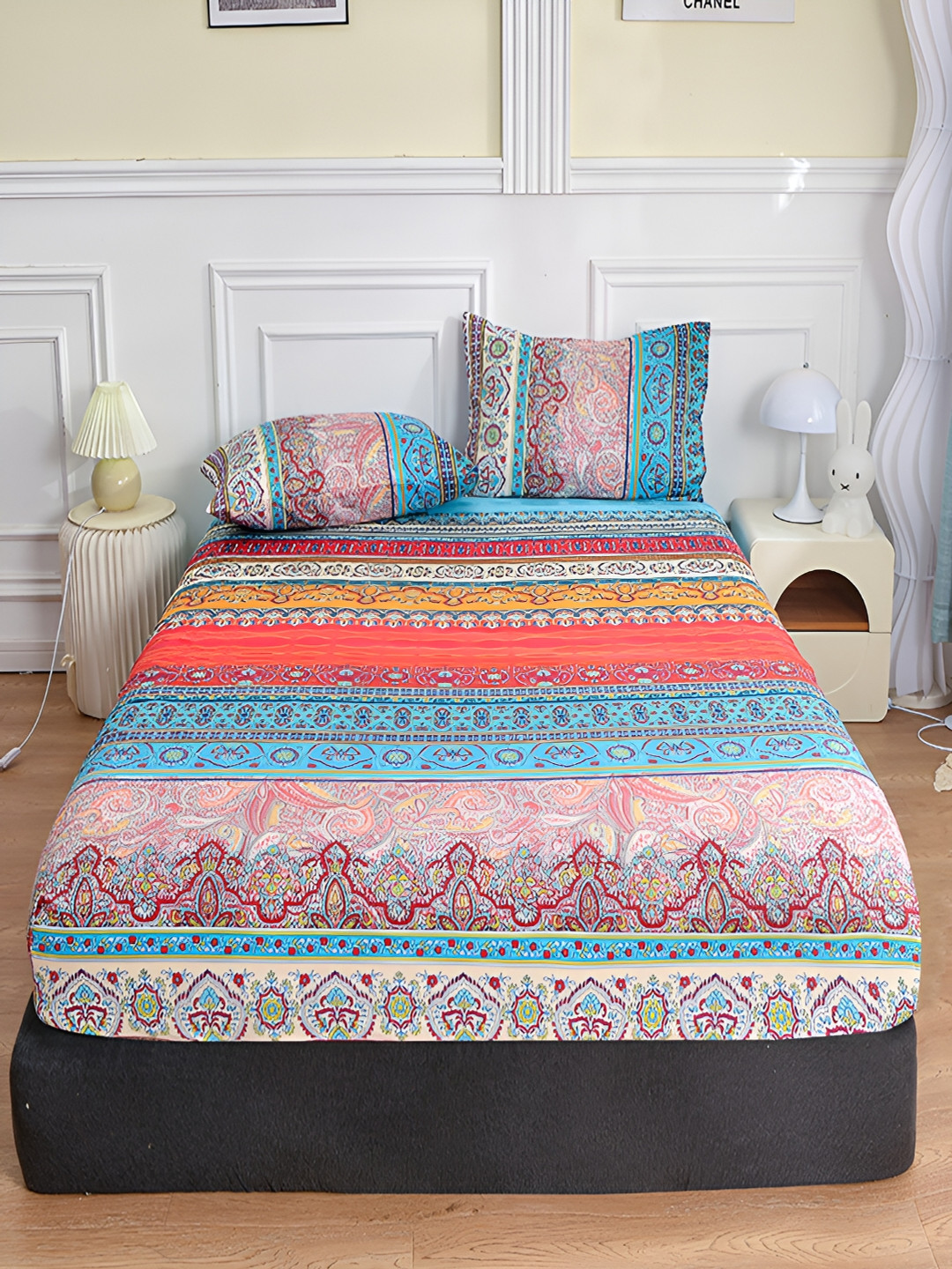 

JC HOME Blue & Yellow Fitted Striped 140 TC King Bedsheet with 2 Pillow Covers
