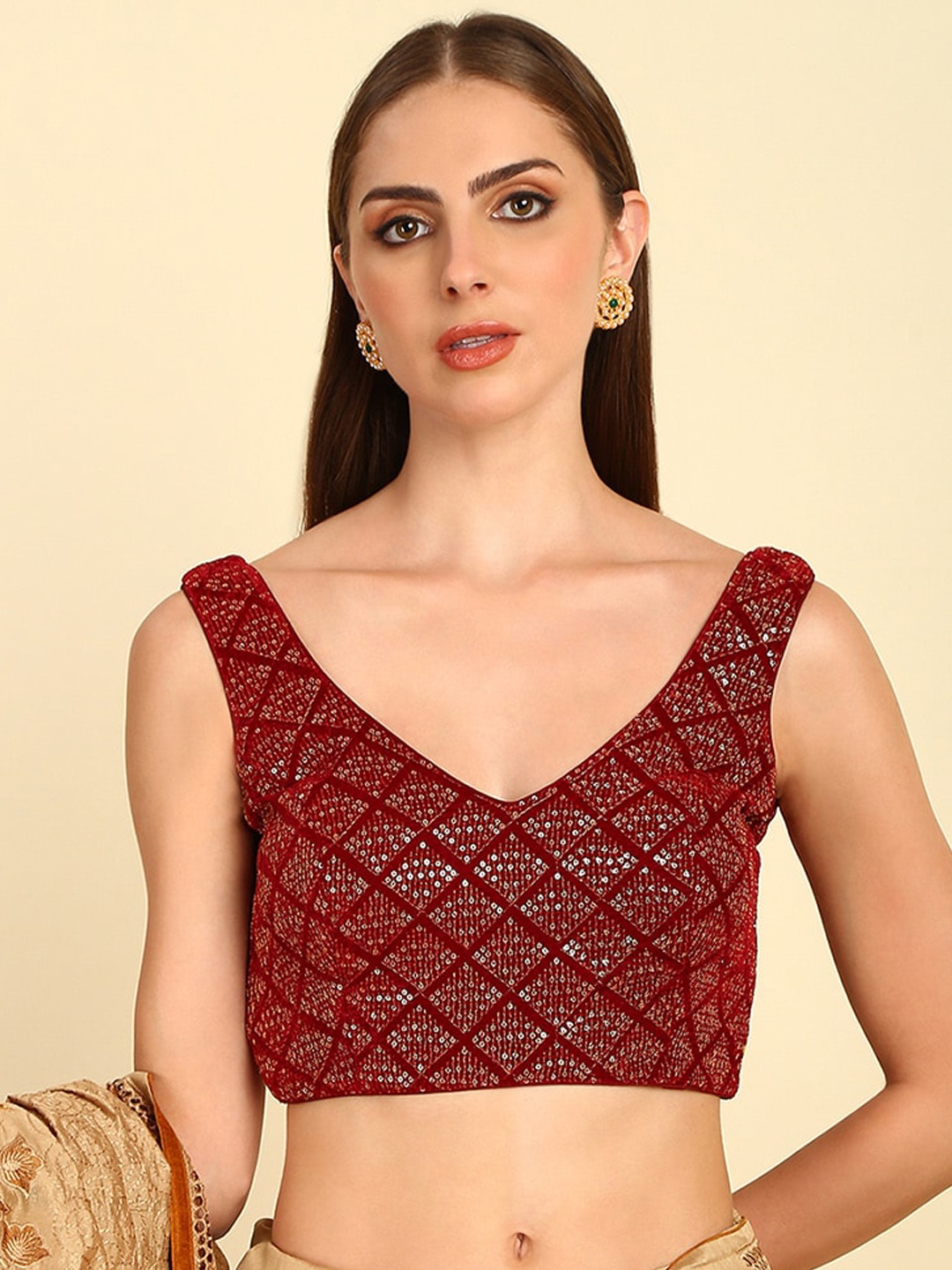 

Soch Embellished V-Neck Sequinned Velvet Saree Blouse, Maroon