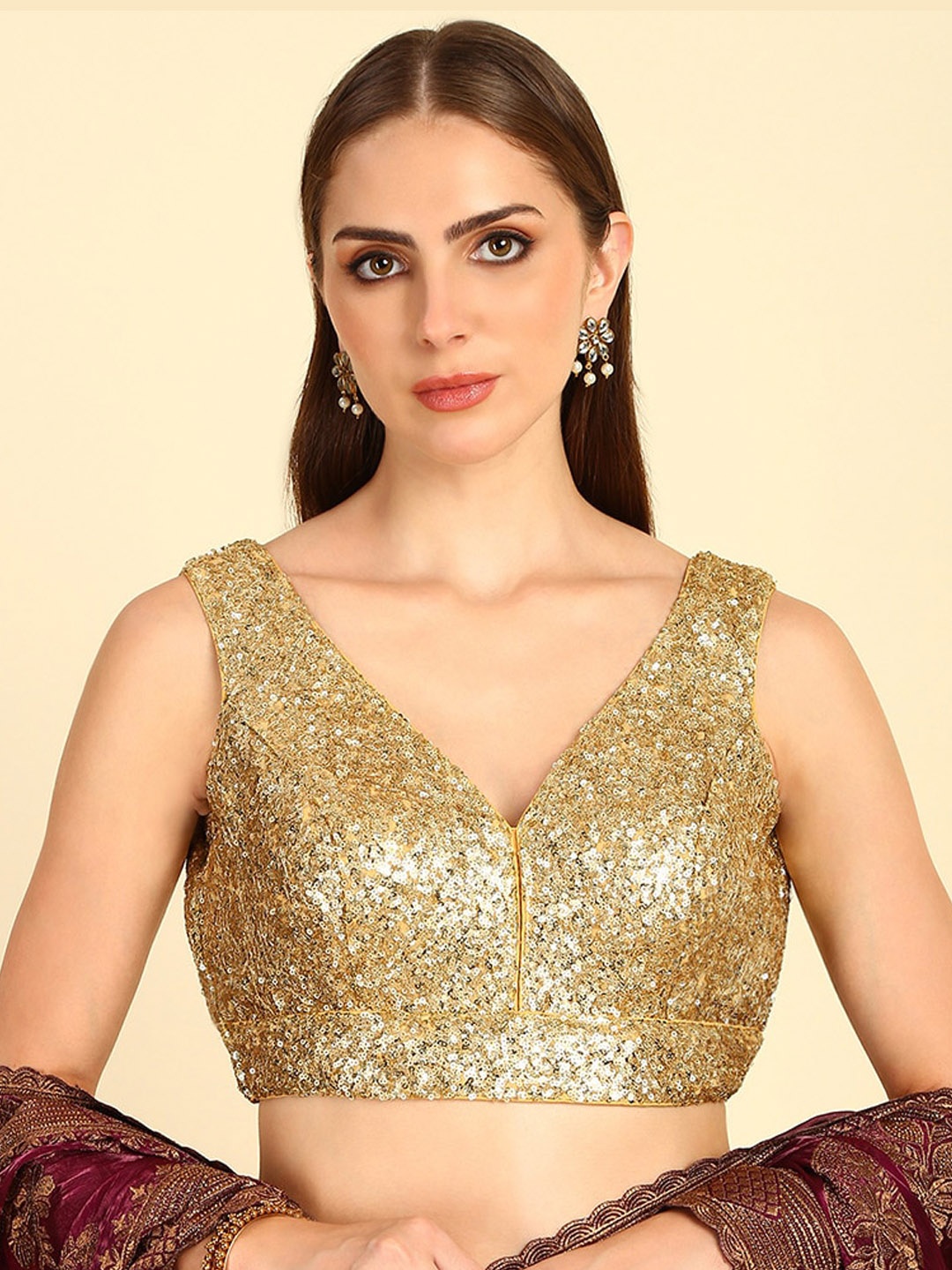 

Soch Embellished V-Neck Sequinned Georgette Saree Blouse, Gold