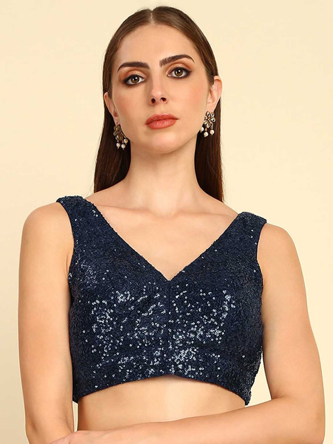 

Soch Embellished V-Neck Sequinned Georgette Saree Blouse, Navy blue