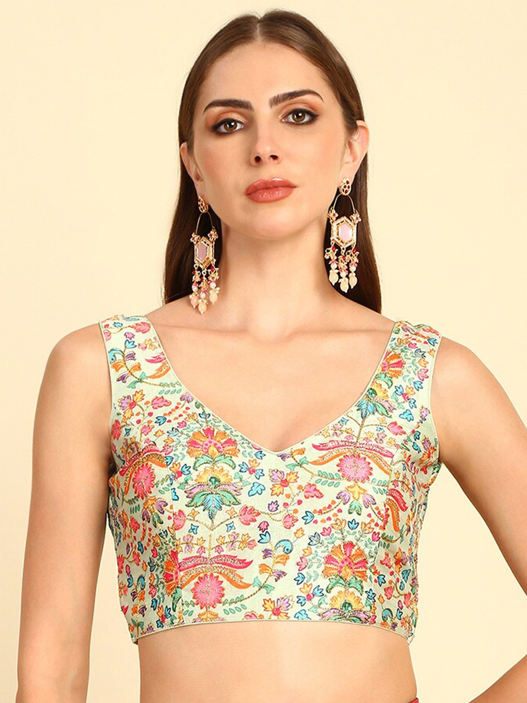 

Soch Floral Printed V-Neck Zari Saree Blouse, Green