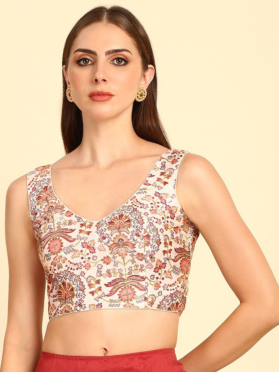 

Soch Floral Printed V-Neck Zari Saree Blouse, Off white