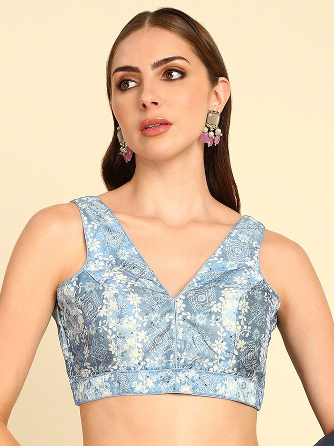 

Soch Printed V-Neck Sequinned Saree Blouse, Blue
