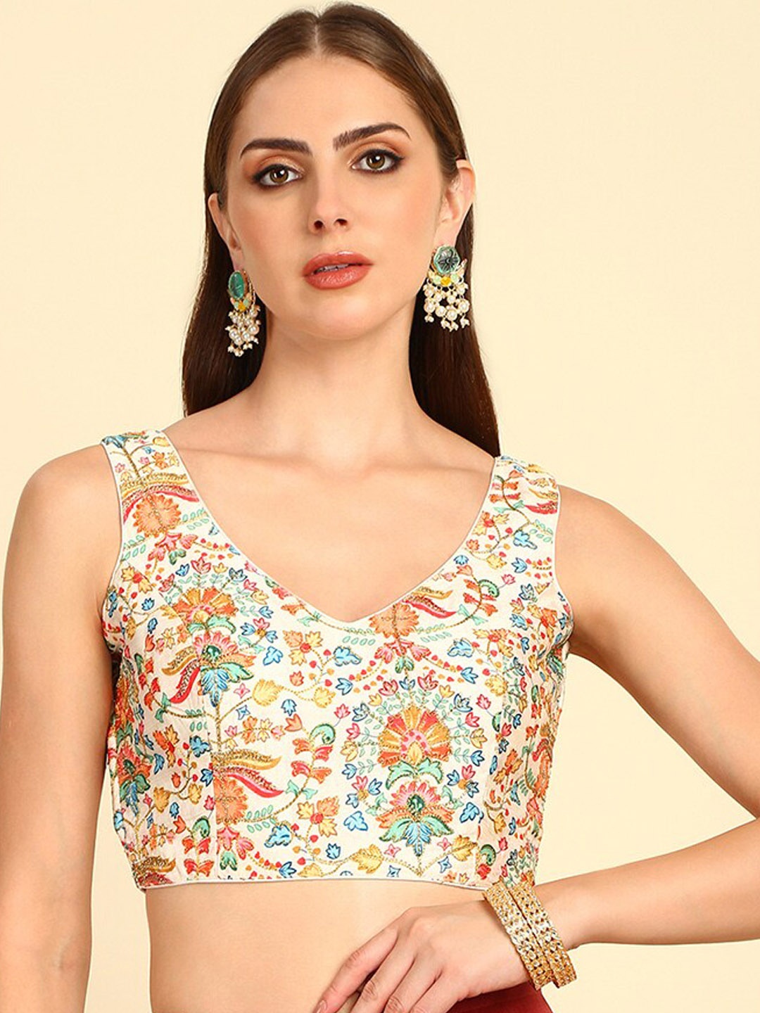 

Soch Floral Printed V-Neck Zari Saree Blouse, Cream