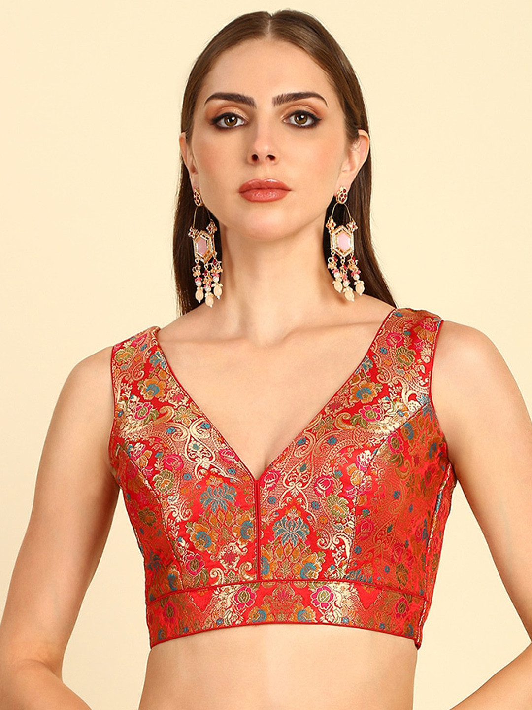

Soch Ethnic Motifs Woven Design V-Neck Jacquard Saree Blouse, Maroon