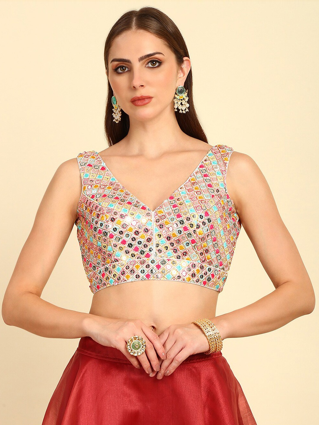 

Soch Embellished V-Neck Sequinned Georgette Saree Blouse, Cream