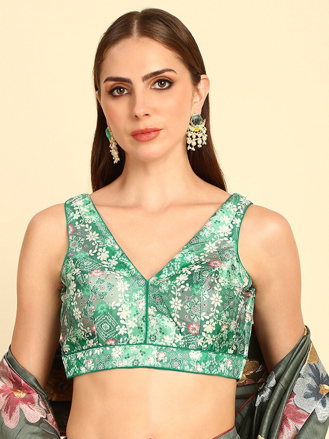 Soch Printed V-Neck Sequinned Saree Blouse, Green