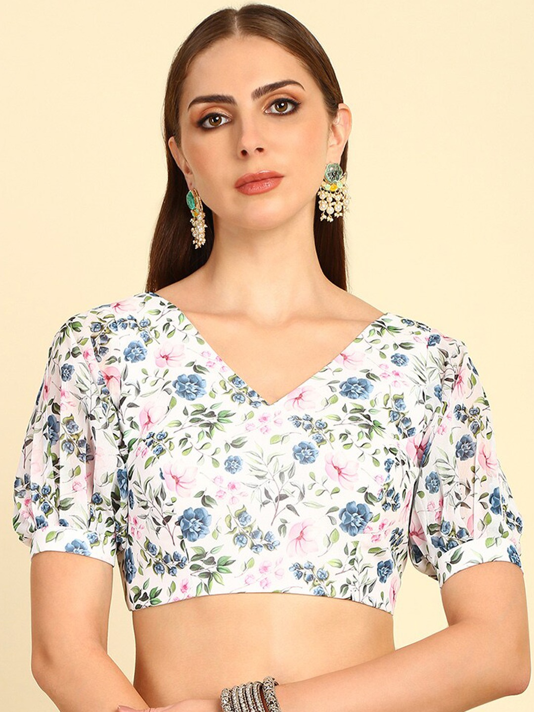 

Soch Floral Printed V-Neck Georgette Saree Blouse, Off white