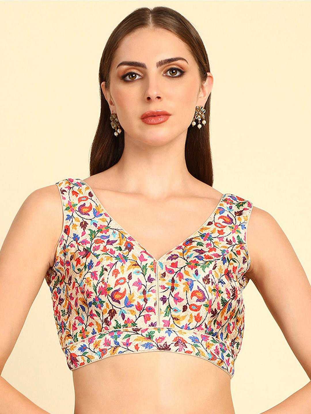 

Soch Floral Printed V-Neck Zari Saree Blouse, Cream