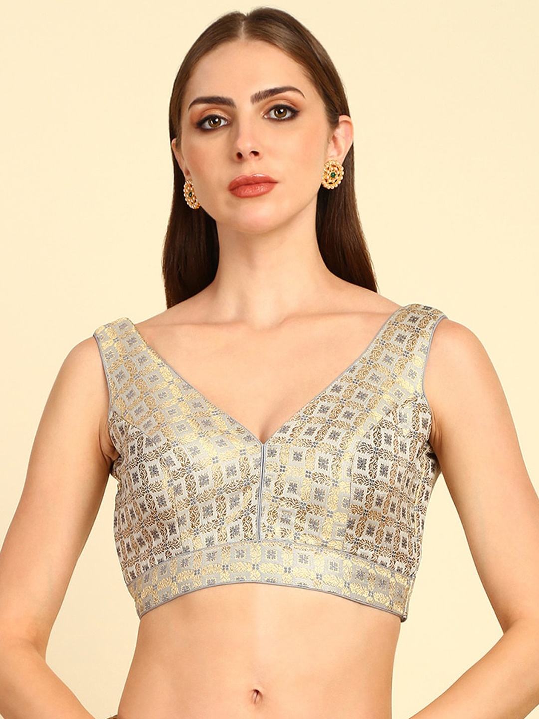 

Soch Woven Design V-Neck Jacquard Saree Blouse, Grey