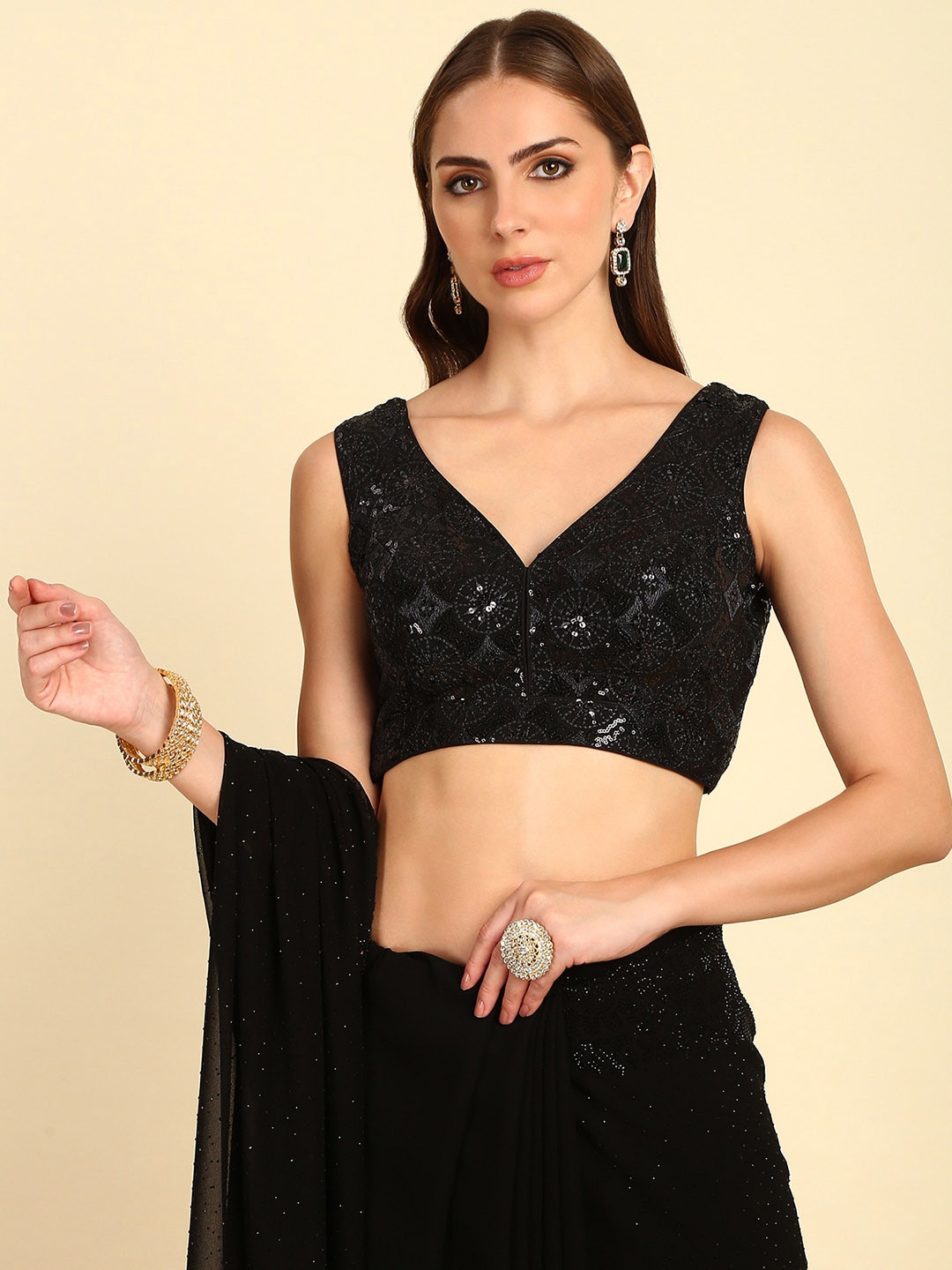 

Soch Embellished V-Neck Sequinned Georgette Saree Blouse, Black