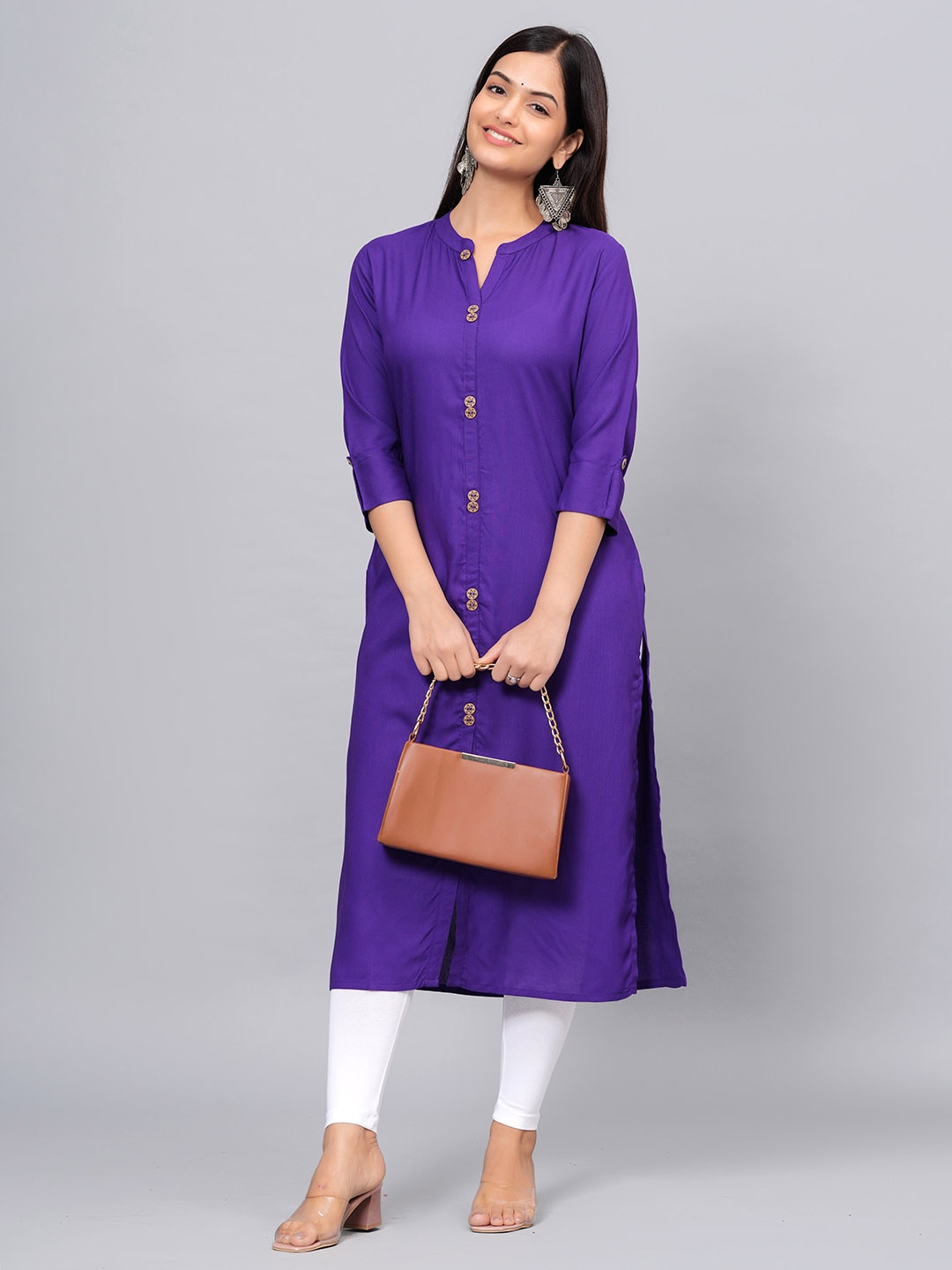 

NEW4U Mandarin Collar Roll-Up Sleeves Straight Kurta, Purple