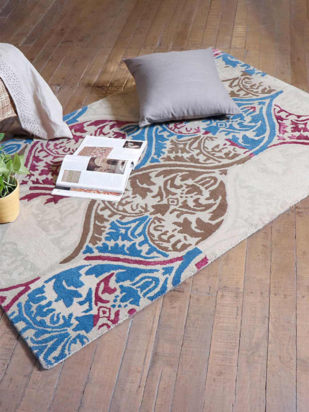 

ZEBA White & Blue Ethnic Motifs Hand-Tufted Rectangular Carpet