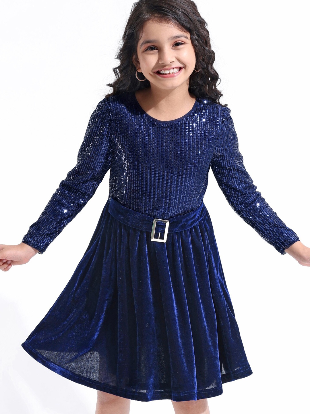 

Hola Bonita Girls Embellished Velvet Fit & Flare Dress, Navy blue