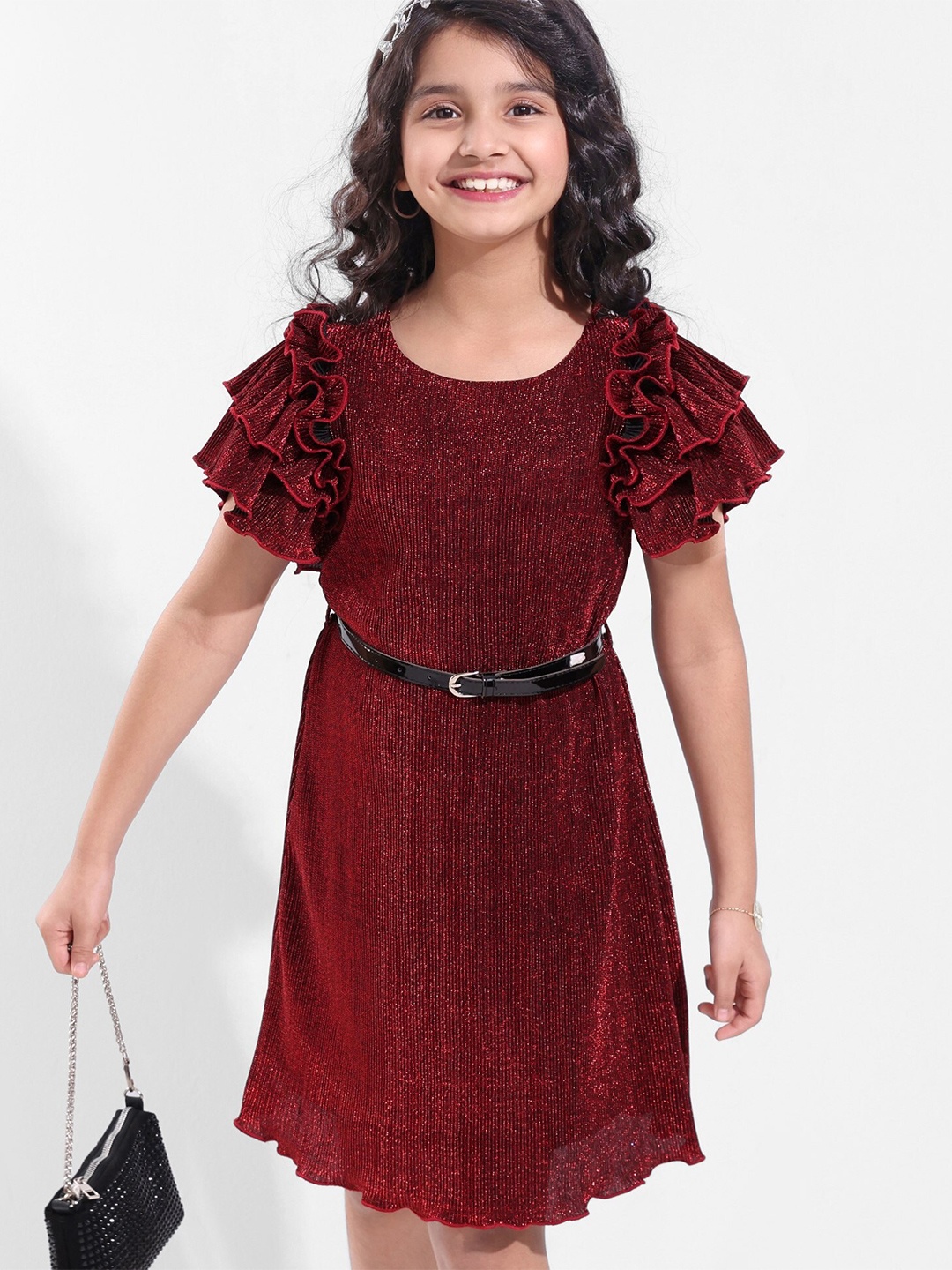 

Hola Bonita Girls Embellished Flutter Sleeves A-Line Dress With Belt, Red