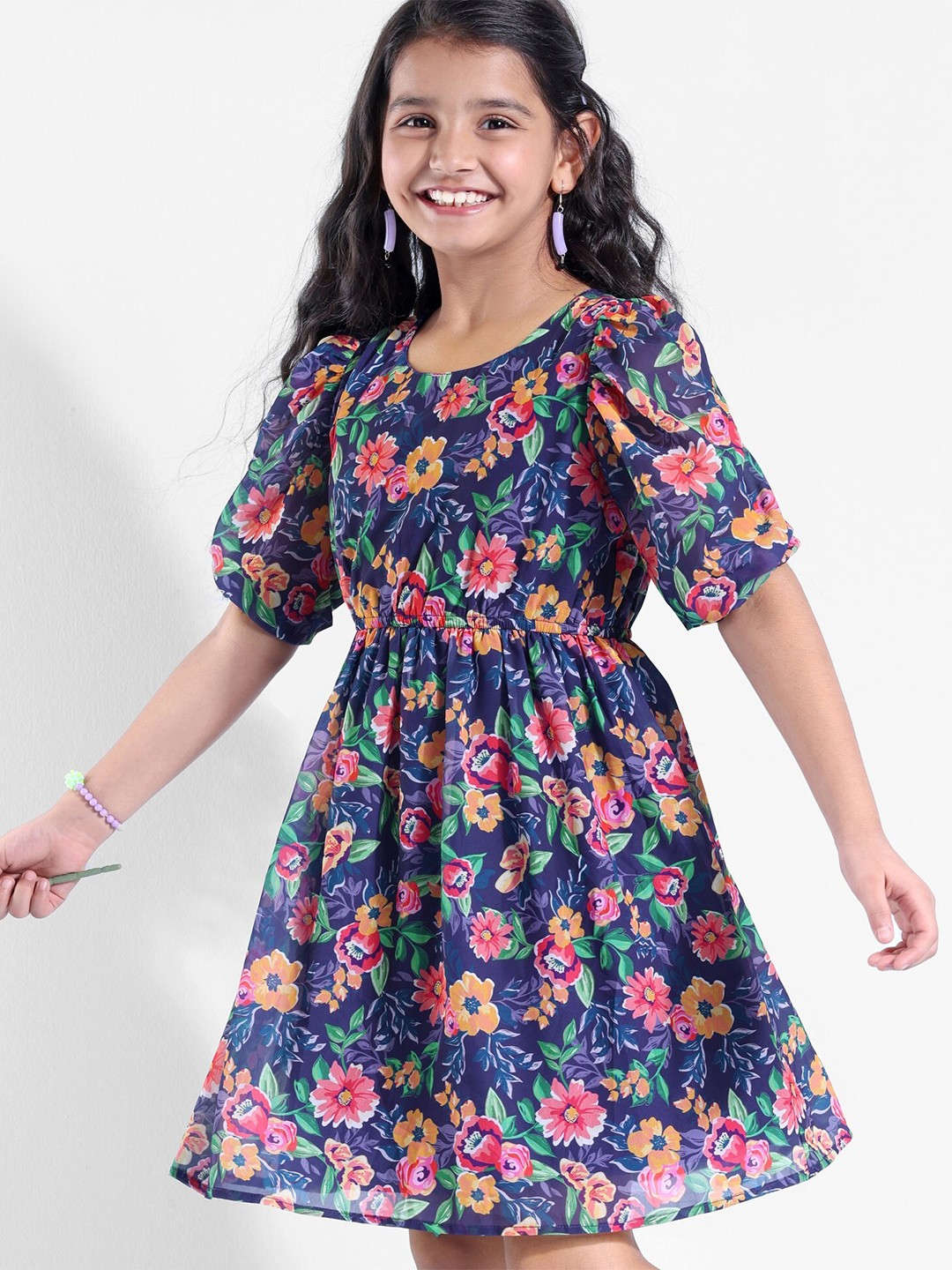 

Hola Bonita Girls Floral Printed Georgette Fit & Flare Dress, Navy blue