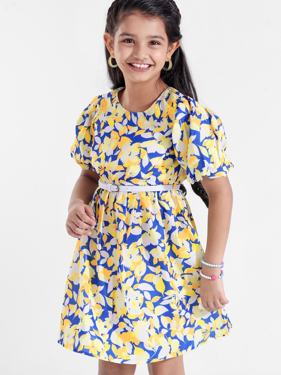 

Hola Bonita Girls Floral Printed Puff Sleeves Gathered Detail Fit & Flare Dress With Belt, Blue