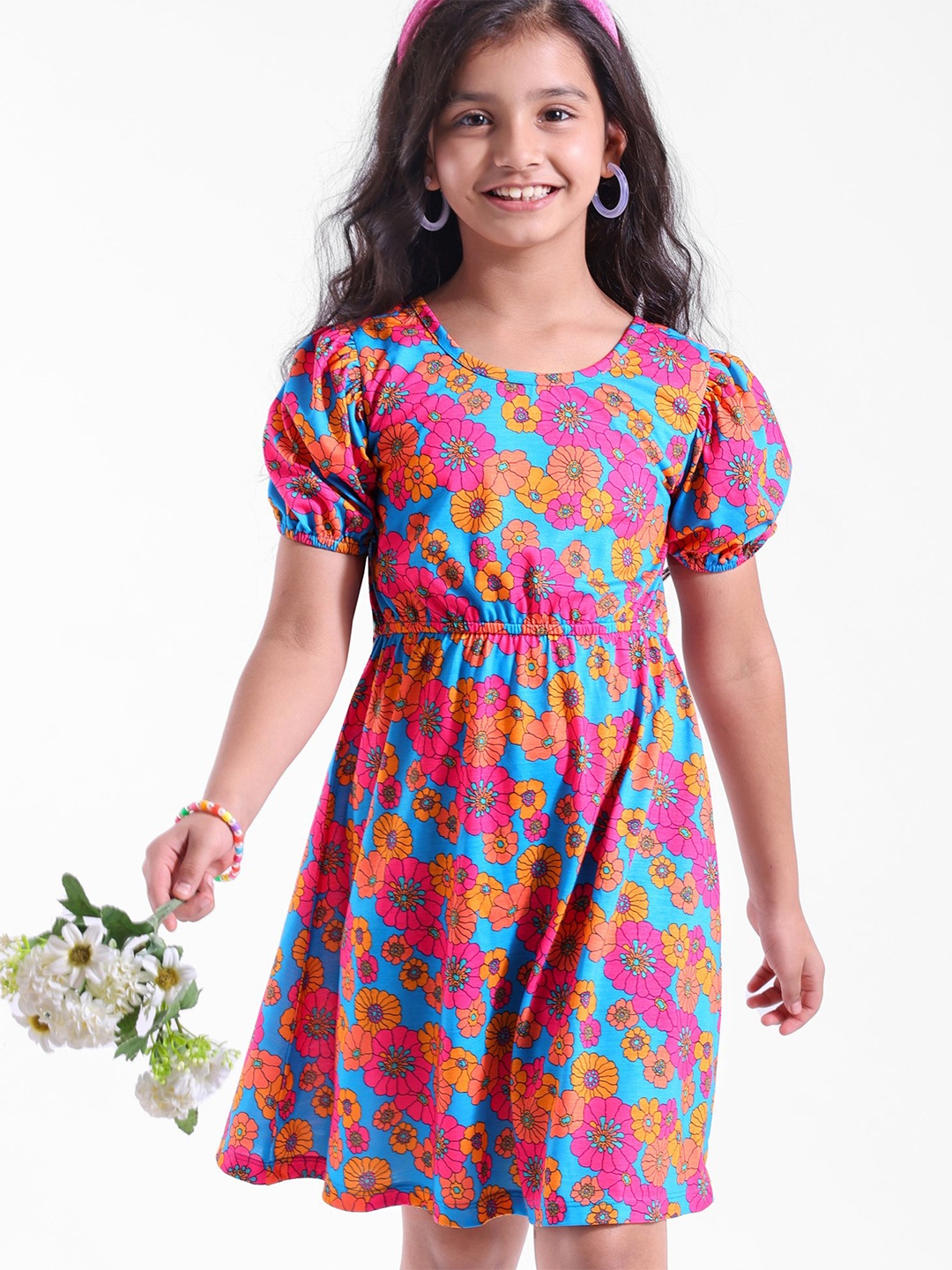 

Hola Bonita Girls Floral Printed Puff Sleeves Fit & Flare Dress, Pink