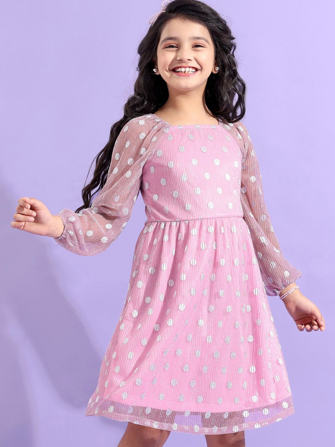 

Hola Bonita Girls Polka Dot Print Puff Sleeve Net Fit & Flare Dress, Pink