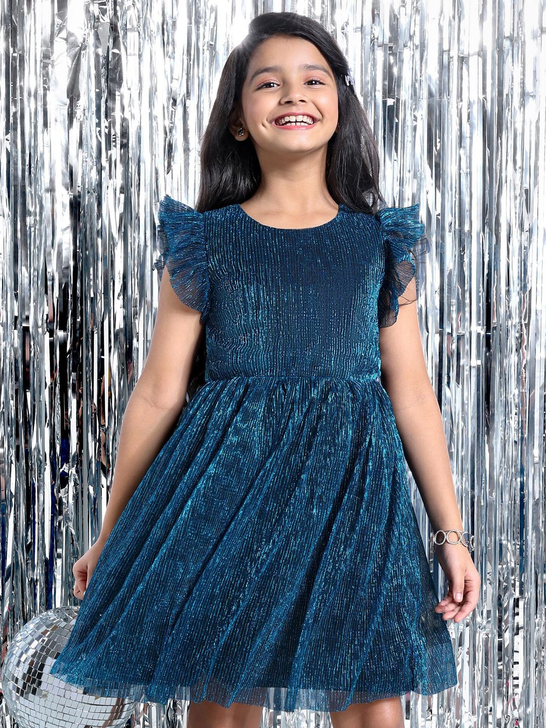 

Hola Bonita Girls Flutter Sleeves Fit & Flare Dress, Blue