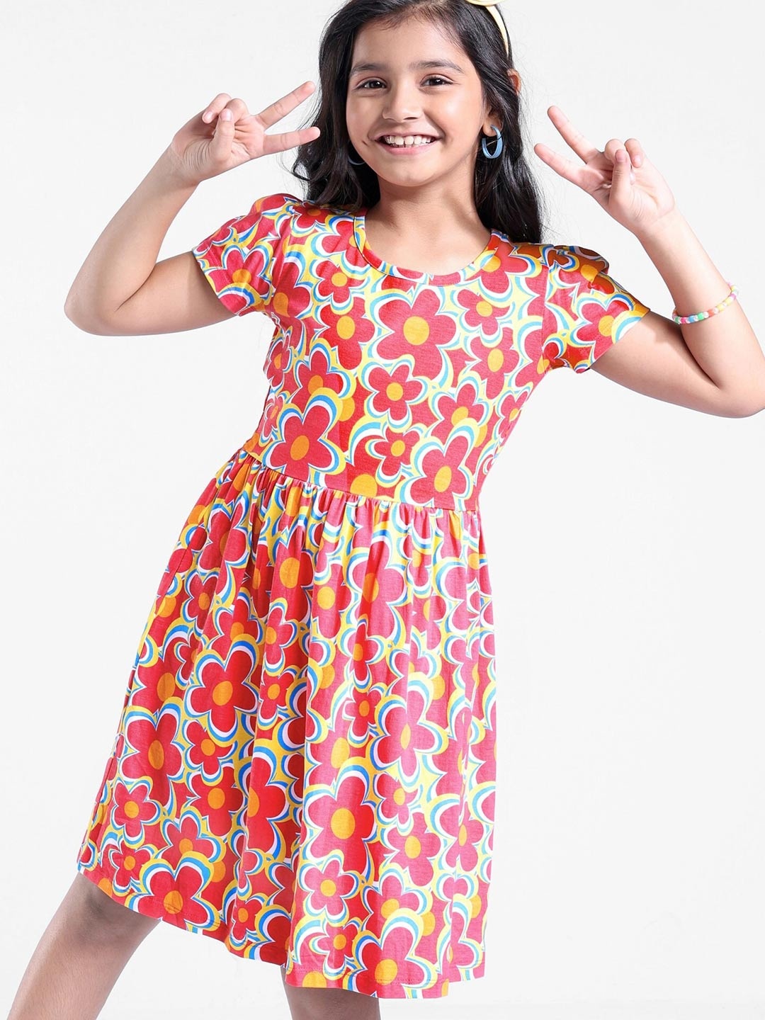 

Hola Bonita Girls Floral Printed Puff Sleeves Gathered Pure Cotton Fit & Flare Dress, Coral