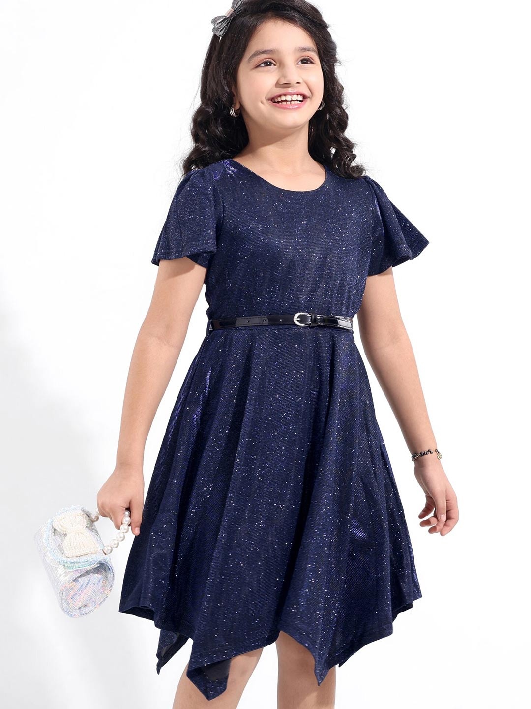 

Hola Bonita Girls Self Design Flutters Sleeves Asymmetric A-Line Dress With Belt, Navy blue