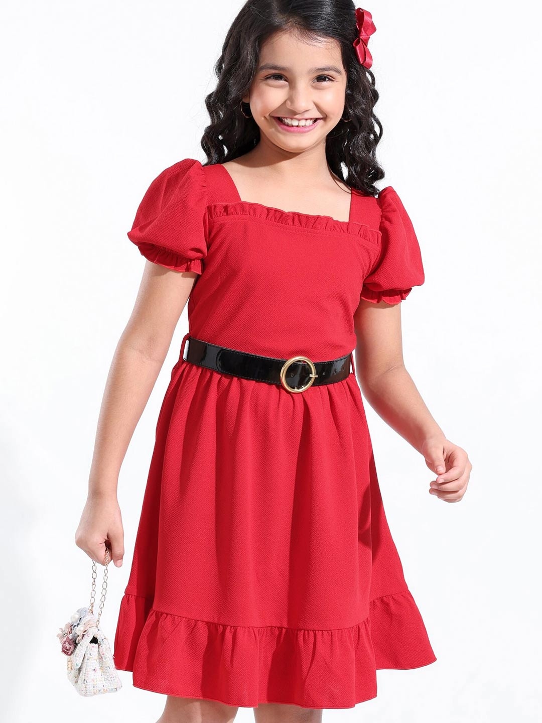 

Hola Bonita Girls Puff Sleeve Ruffled Fit & Flare Dress, Red
