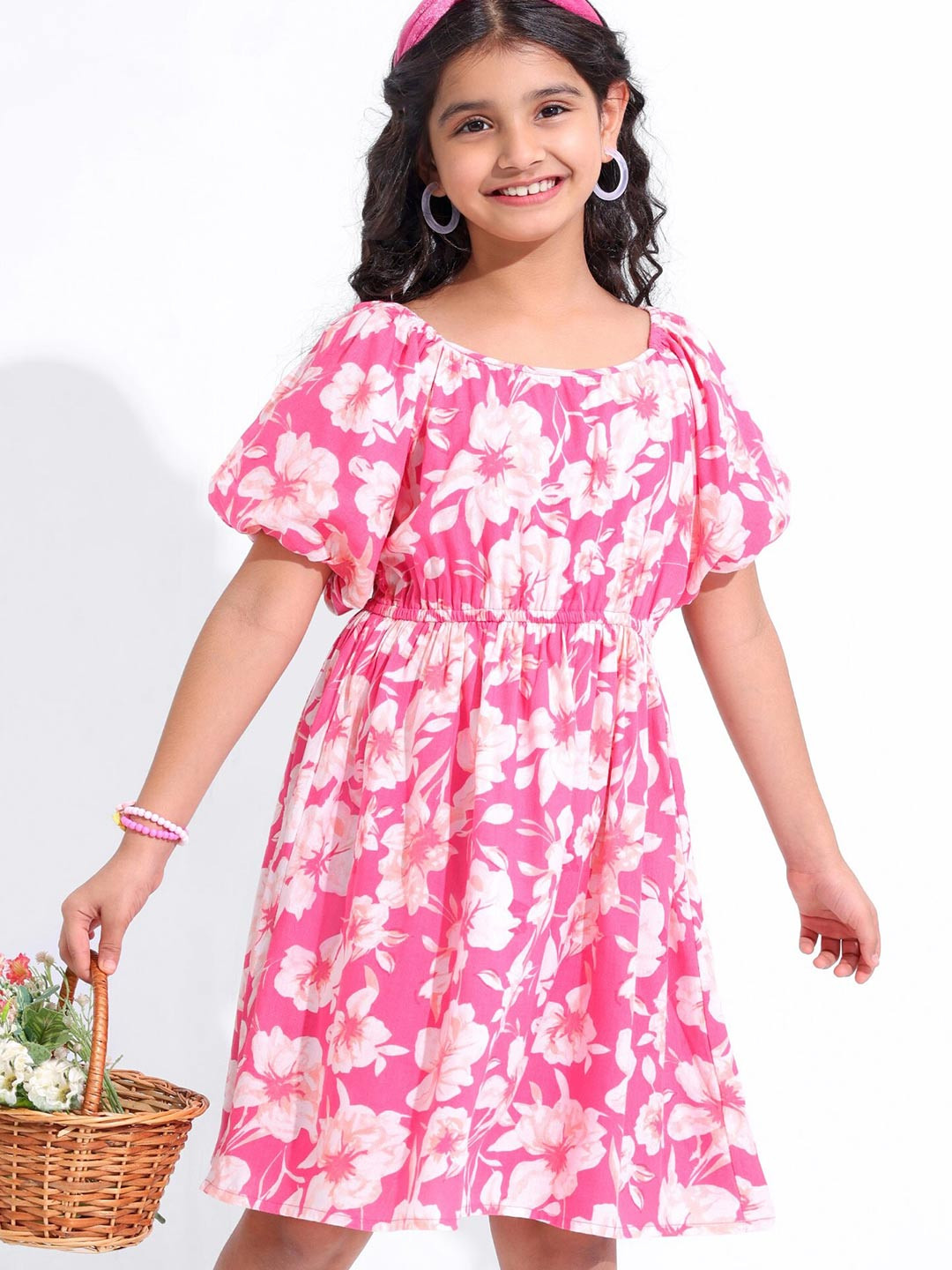 

Hola Bonita Girls Floral Printed Puff Sleeves Pure Cotton Fit & Flare Dress, Pink