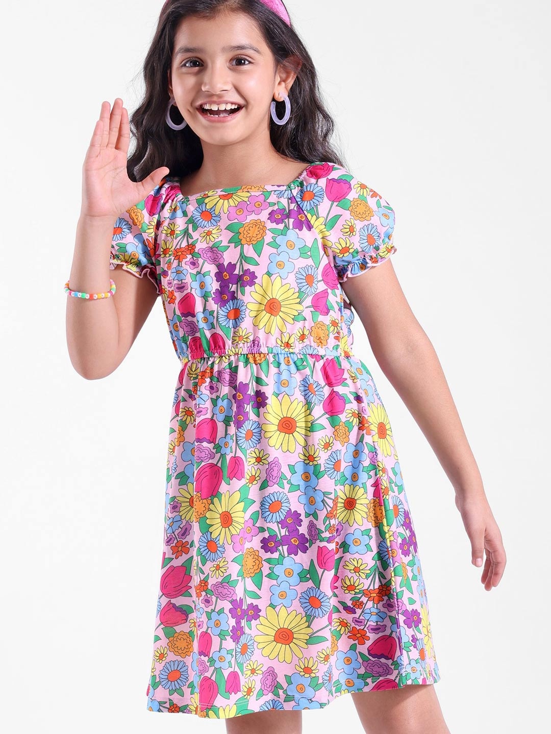 

Hola Bonita Girls Floral Printed Puff Sleeves Fit & Flare Dress, Green