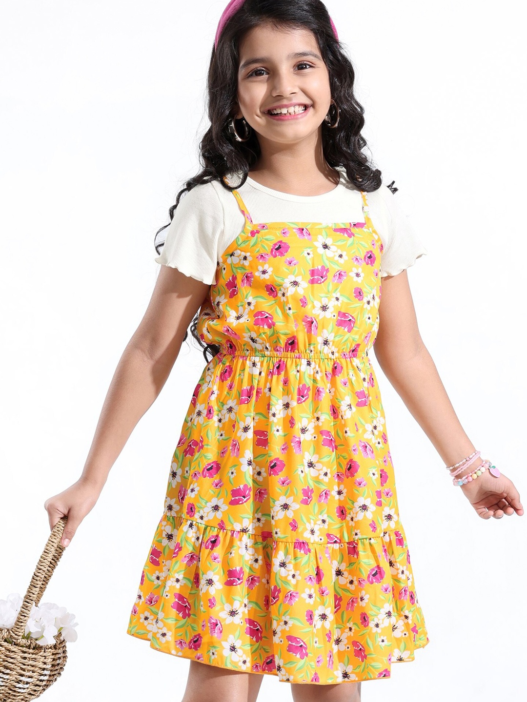 

Hola Bonita Girls Floral Printed Shoulder Straps Sleeveless Pinafore Dress & Tshirt, Yellow