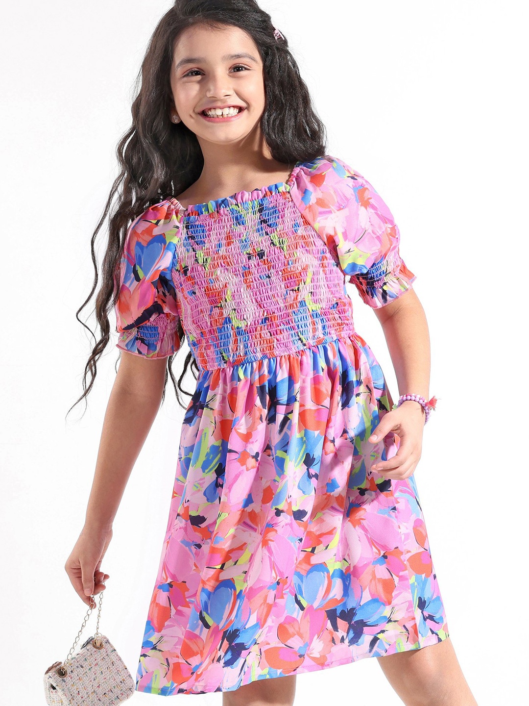 

Hola Bonita Girls Floral Printed Puff Sleeves Smocked Fit & Flare Dress, Pink