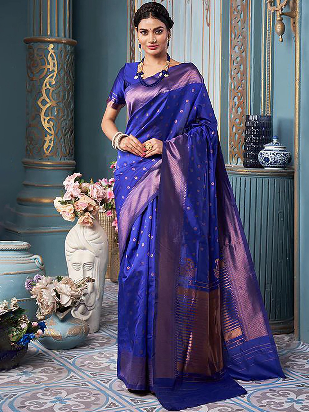 

Aldwych Ethnic Motifs Woven Design Zari Banarasi Saree, Blue