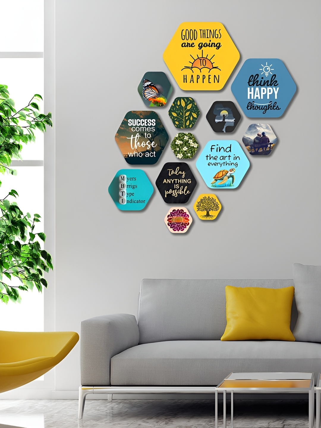 

ArtVibes Blue & Yellow 13 Pieces Printed Wooden Wall Hangings