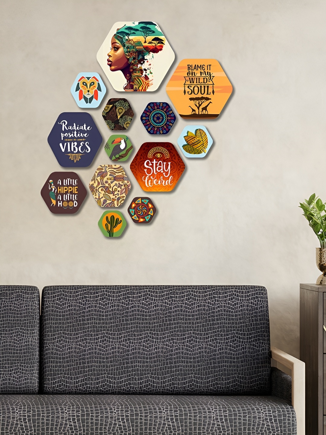 

ArtVibes Yellow & Blue 13 Pieces Printed Wooden Wall Hanging
