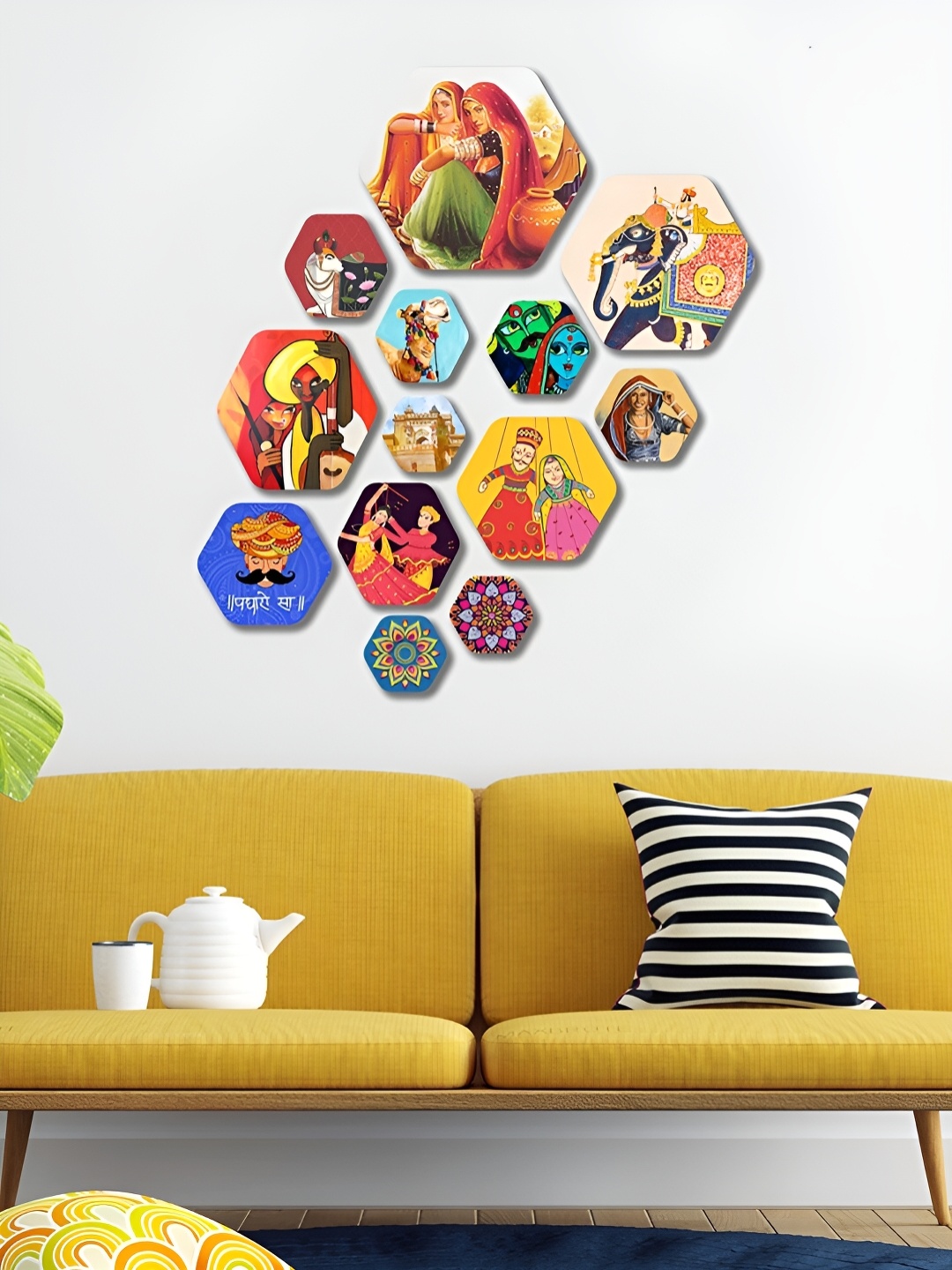 ArtVibes Orange & Blue 13 Pieces Printed Designer Wooden Wall Hanging
