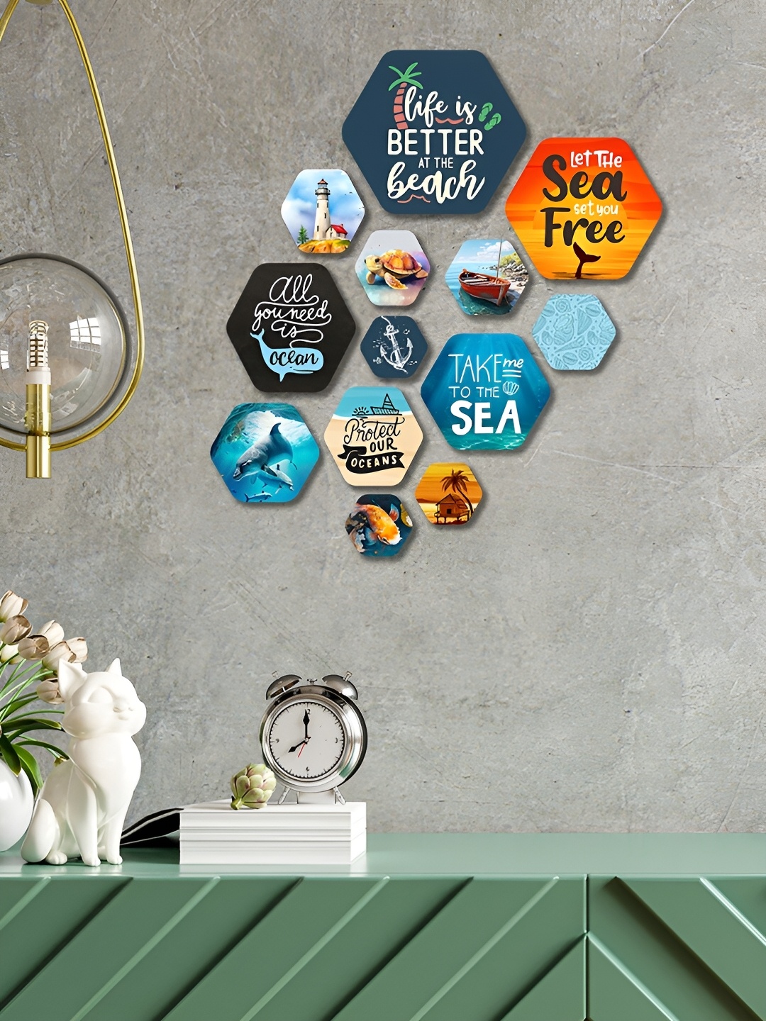 

ArtVibes Black & Blue 13 Pcs Printed Wooden Wall Hanging