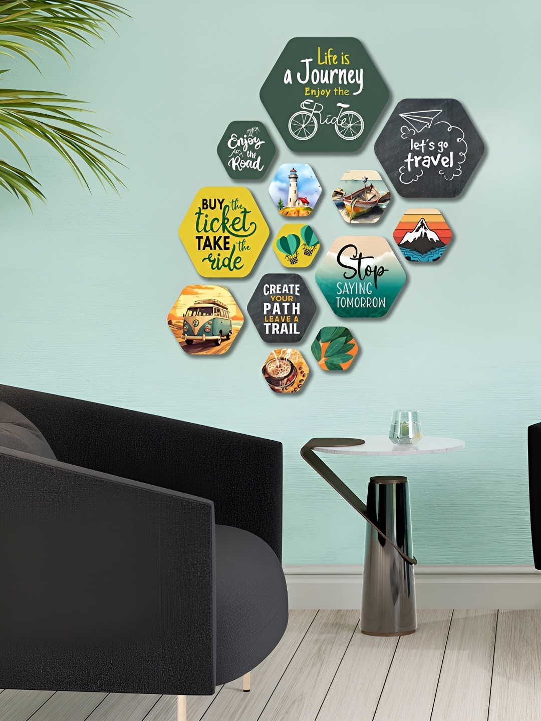 

ArtVibes Green & Yellow 13 Pieces Printed Wooden Wall Hangings