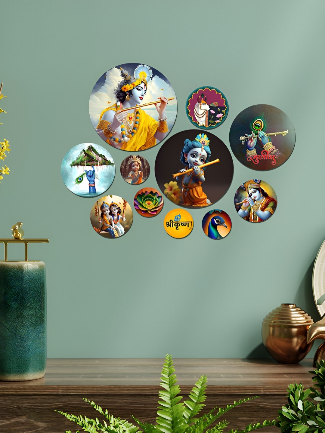 

ArtVibes Blue & Yellow 11 Pieces Printed Designer Wooden Wall Hanging
